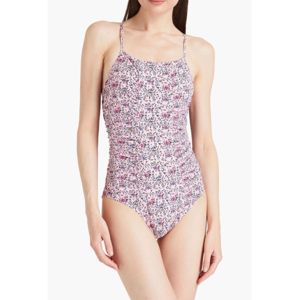 NWT Ganni Gathered Floral Print One Piece Swimsuit | Designer Floral Swimwear